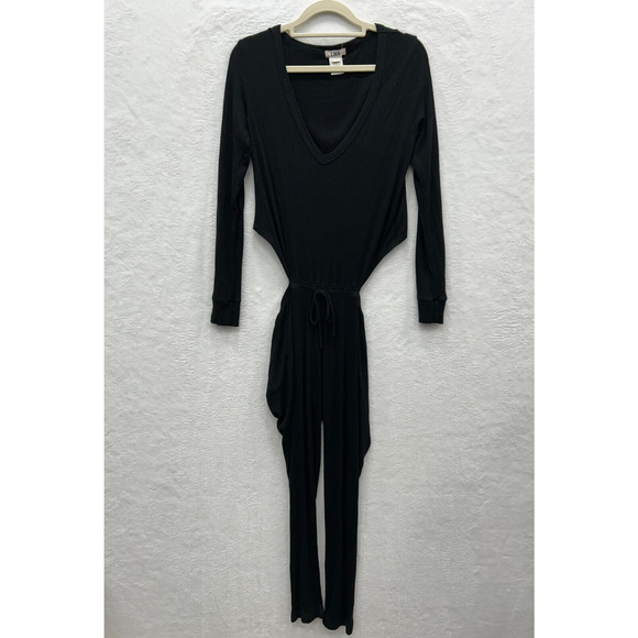 LNA Women's‎ Black Ribbed V Neck Long Sleeve Side Cut Outs Jumpsuit Size XS - Picture 2 of 13